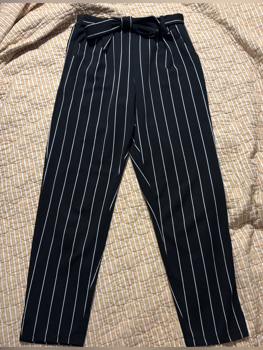Black Pinstripe Paperbag Waist Belted Trousers Size Small